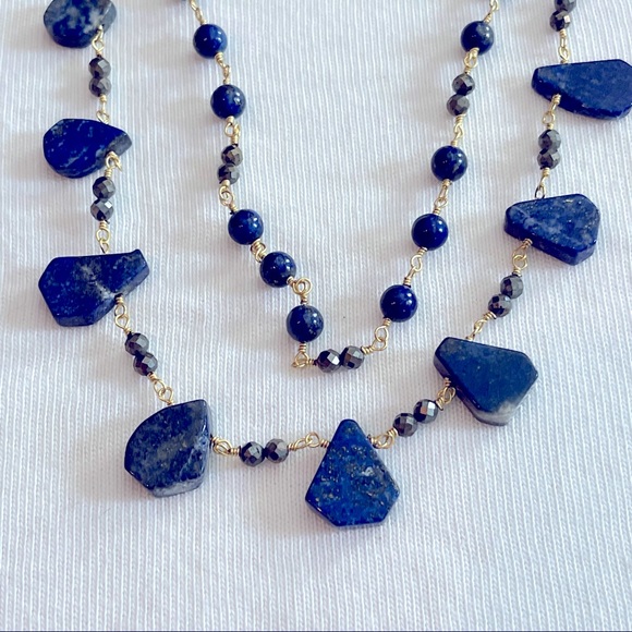 Pretty Goldtone Two-Strand Beaded Necklace with Blue Stones and Beads - Picture 3 of 10